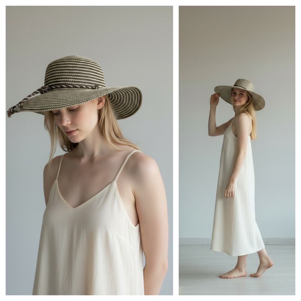 Brown Stripe Floppy Beach Hat Metallic Braided Trim Sun Hat Vacation Beach Pool